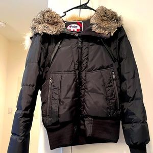 Pajar black down winter jacket with a fur hood